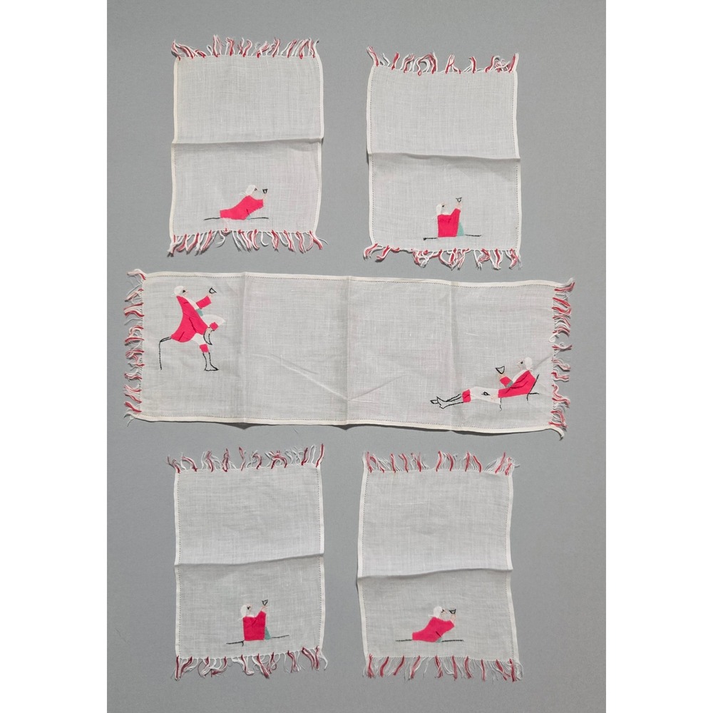 Vintage Linen Cocktail‎ Napkins Barware Applique Man Fringe MCM Victorian